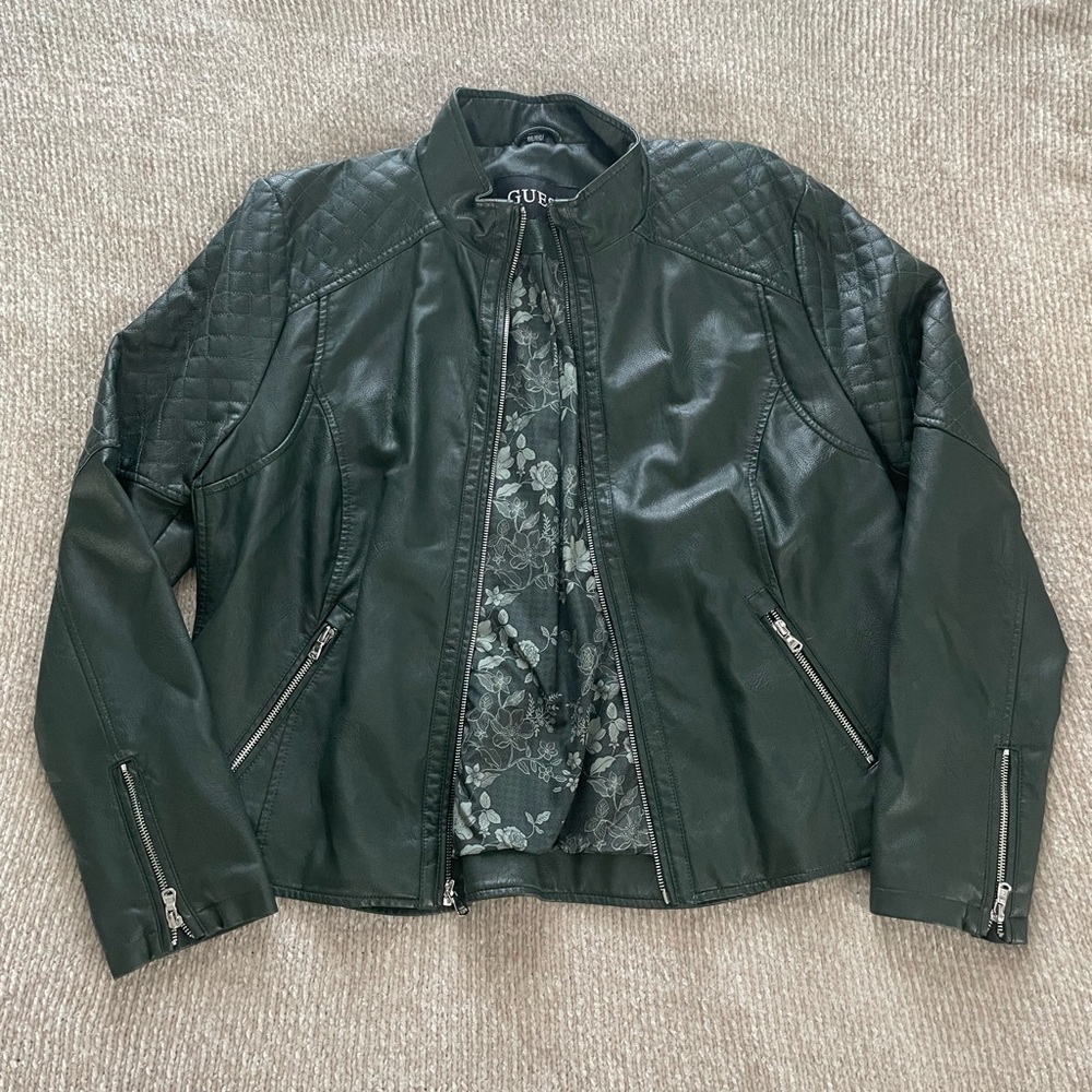 Guess Faux-Leather Jacket Dark Green